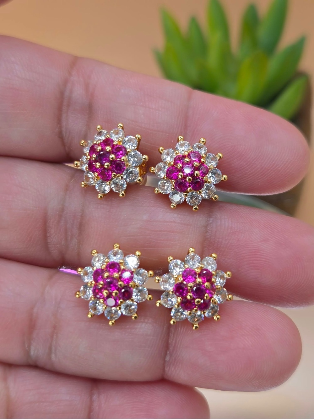 Gold-Plated Pink & White Floral Cluster Stud Earrings